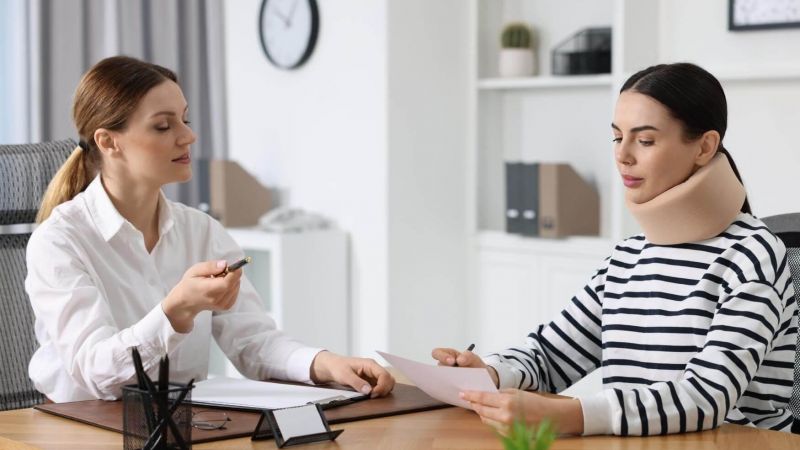 Clinician explains documents to a patient wearing a neck brace in a bright office.
