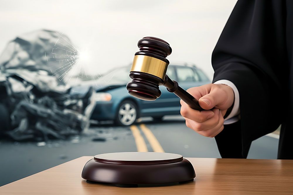 Gavel in judge's hand next to car accident background, representing legal decision in auto collision case.