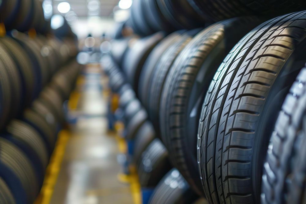 Close-up view of stacked car tires in a warehouse, showcasing various tread patterns and textures.