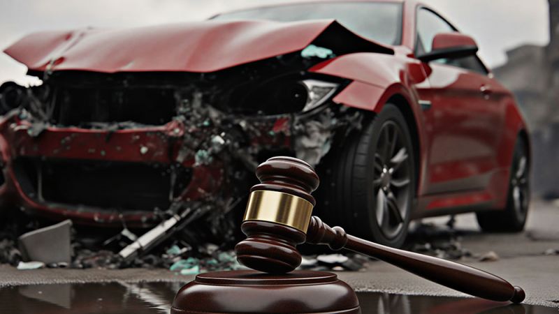 Gavel in front of a red car with crash damage, symbolizing legal aspects of car accidents.