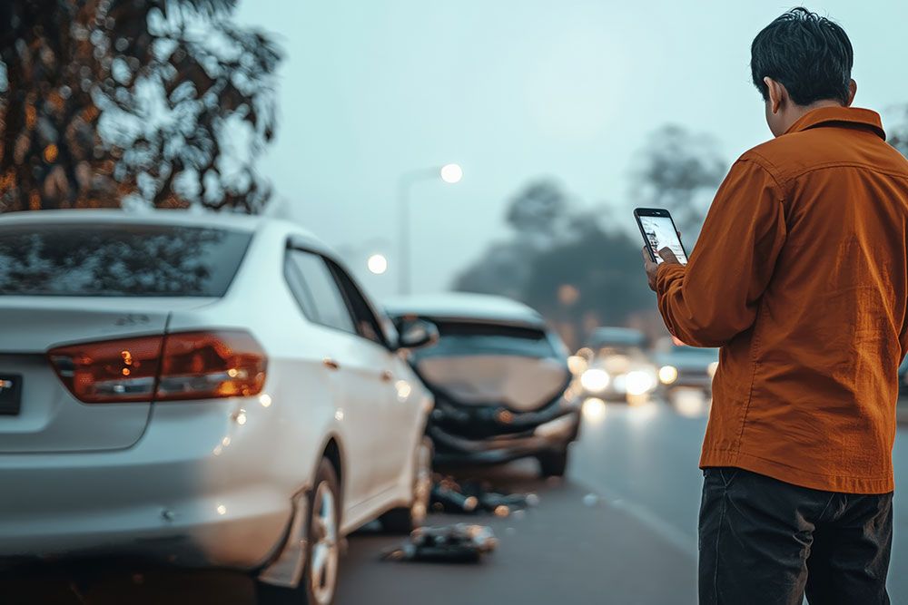 Person photographing car accident scene on road with damaged vehicles and traffic, using a smartphone, overcast day.