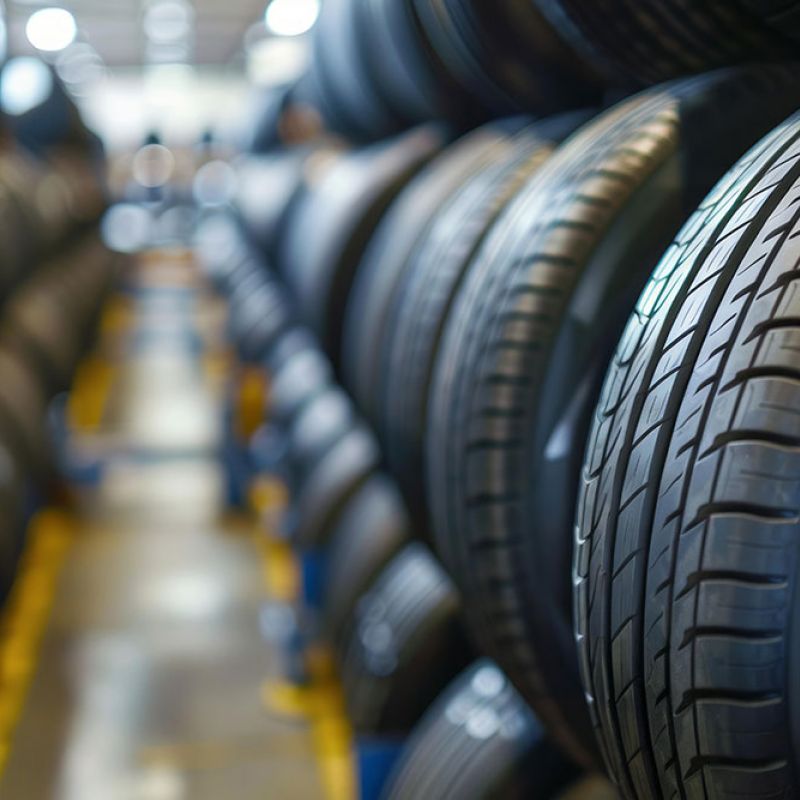 Close-up view of stacked car tires in a warehouse, showcasing various tread patterns and textures.