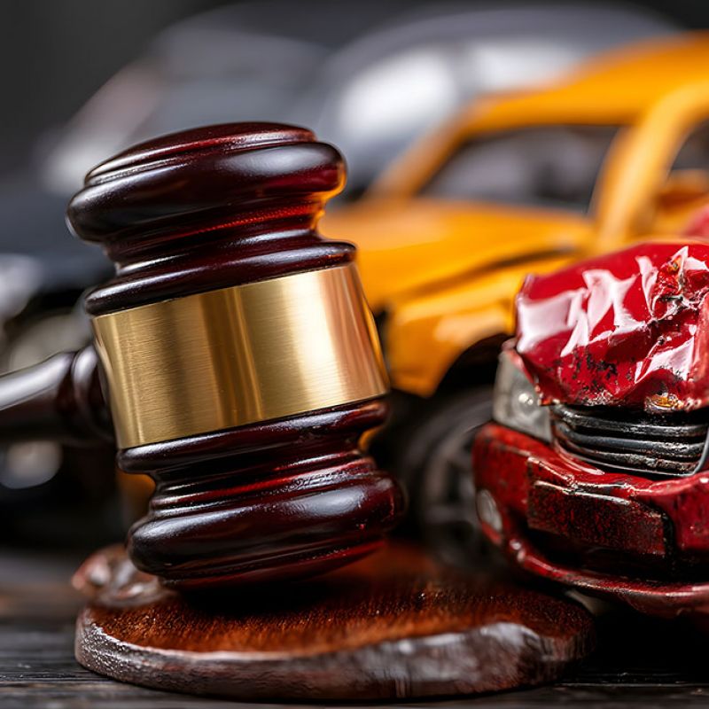 Gavel and damaged cars symbolize legal proceedings in a car accident case.