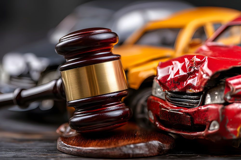 Gavel and damaged cars symbolize legal proceedings in a car accident case.