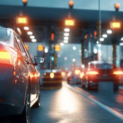 Cars queue at illuminated toll booths during evening, with brake lights casting reflections on wet road.