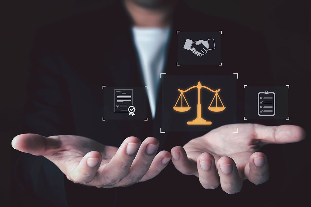 Businessman holding legal scales, contract, handshake, and checklist icons illustrating justice and business agreements.