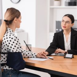 Injured woman wearing an arm sling consulting with a personal injury lawyer about filing a lawsuit in Texas.