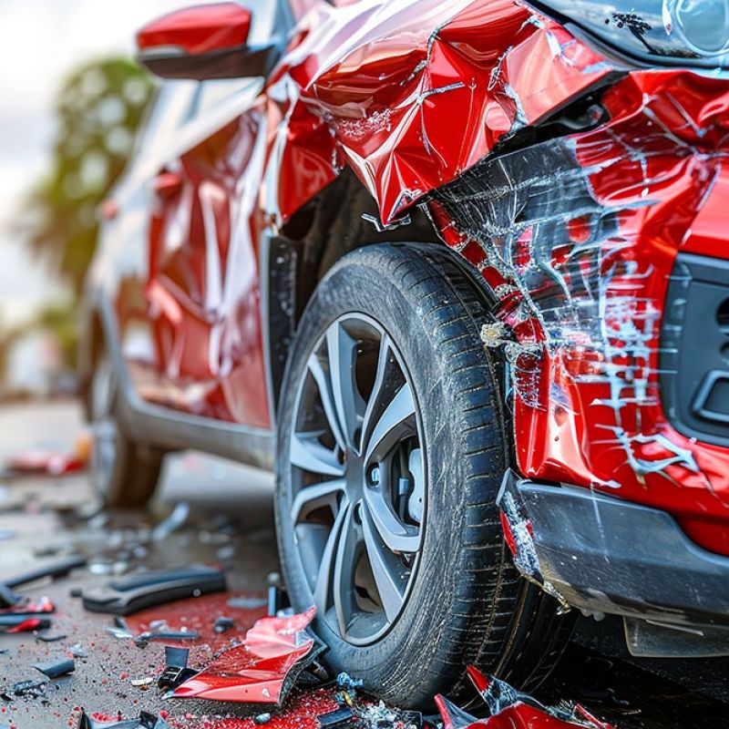 Red car with severe side damage after collision, shattered glass and debris on road in bright daylight.