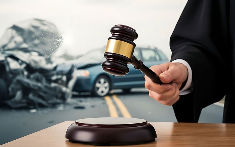 Gavel in judge's hand next to car accident background, representing legal decision in auto collision case.