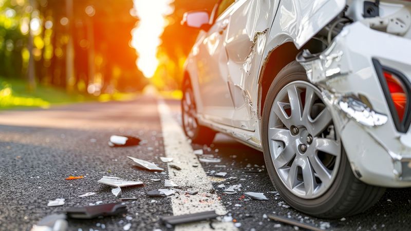 Damaged car on a road with debris, highlighting crash aftermath and accident scene in the sunlight.