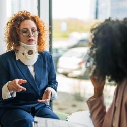 Woman with neck cast talking during a