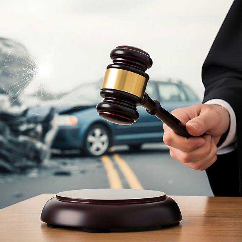 Gavel in judge's hand next to car accident background, representing legal decision in auto collision case.