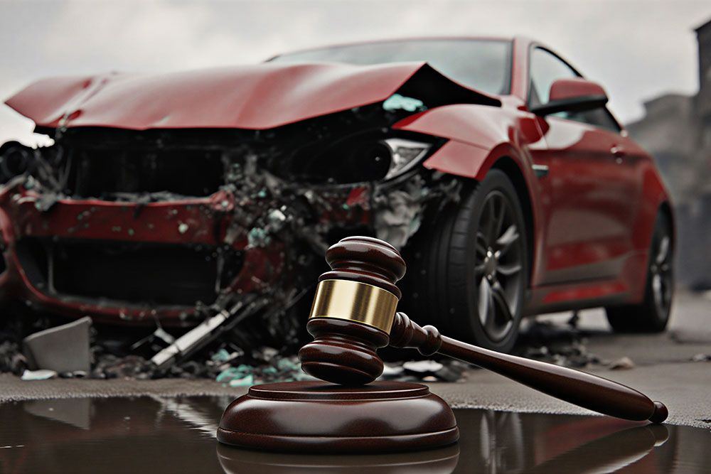 Gavel in front of a red car with crash damage, symbolizing legal aspects of car accidents.