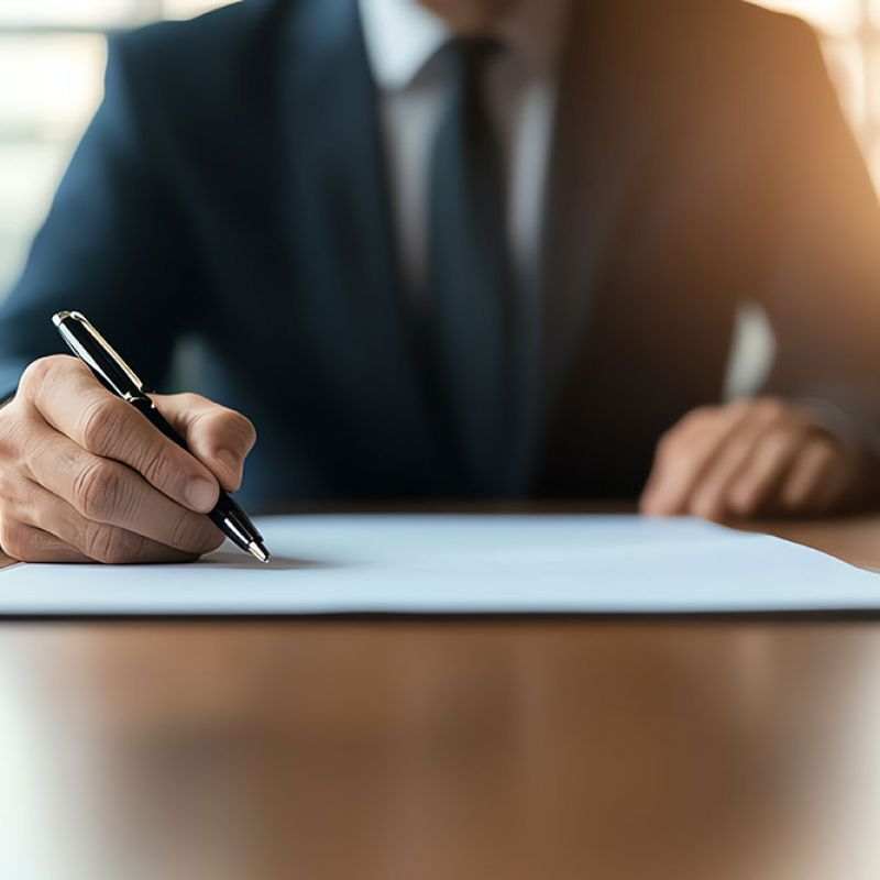 Businessperson signing a document at a desk, emphasizing professionalism and decision-making.