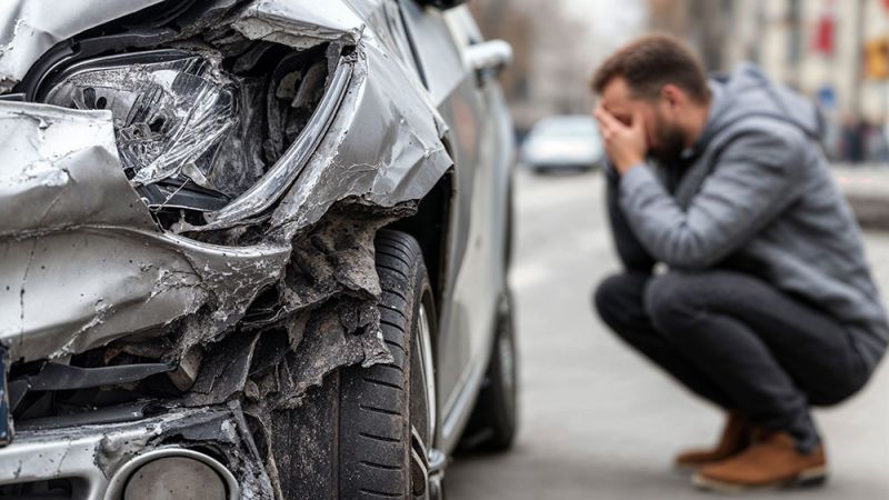 Car accident scene with damaged front, upset person crouching nearby.