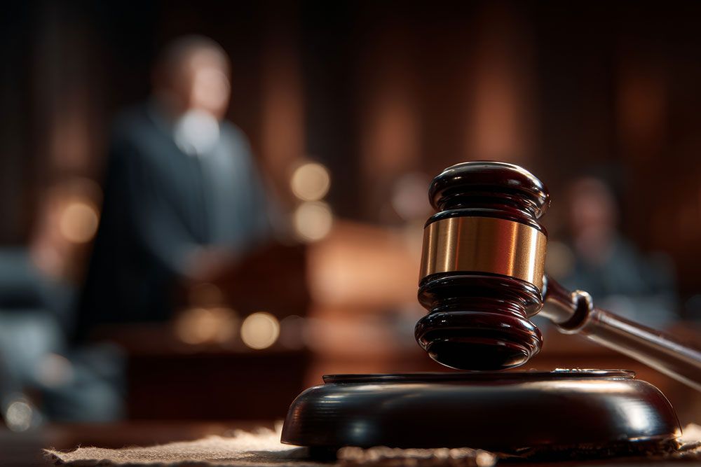 Close-up of a judge's gavel in a courtroom setting with blurred background, symbolizing justice and legal proceedings.