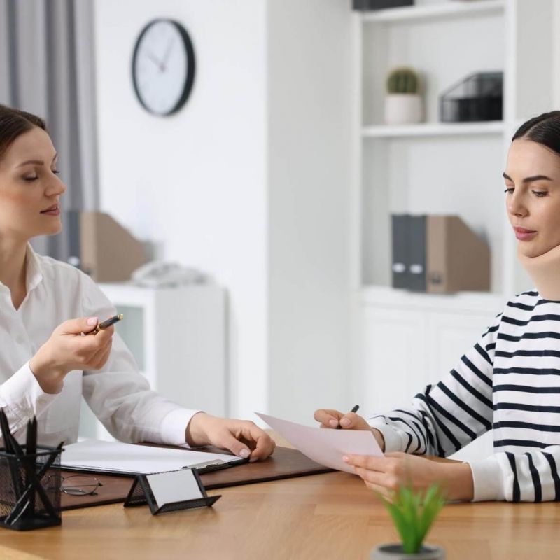 Clinician explains documents to a patient wearing a neck brace in a bright office.