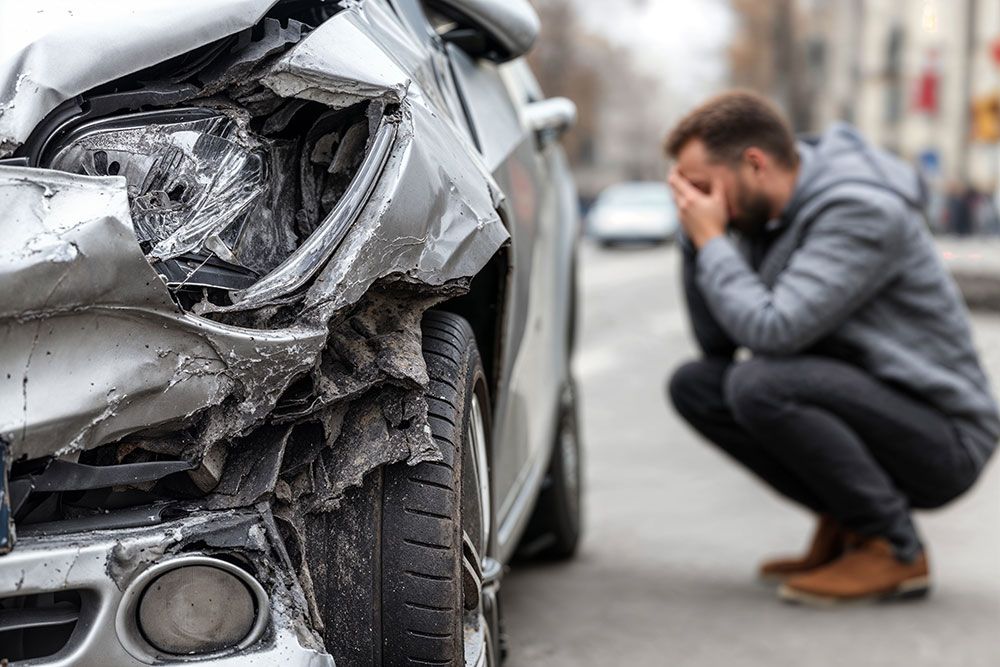 Car accident scene with damaged front, upset person crouching nearby.