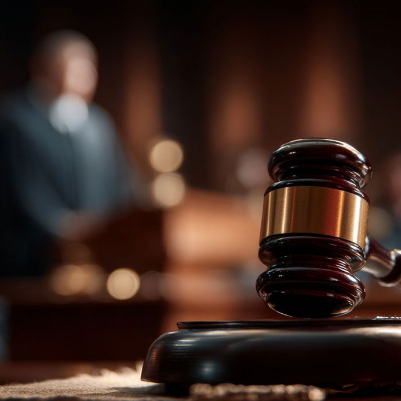 Close-up of a judge's gavel in a courtroom setting with blurred background, symbolizing justice and legal proceedings.