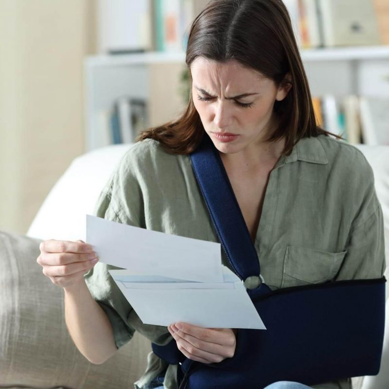 Woman sitting on a couch reviewing an