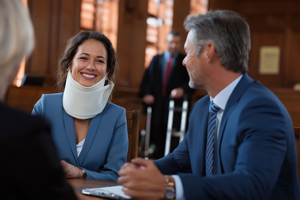 Woman in neck brace smiling in a courtroom setting, seated with two people.