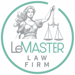 Logo of LeMaster Law Firm featuring Lady Justice holding scales, encircled by a teal border.