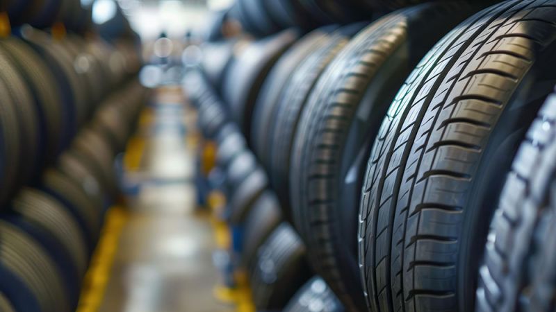 Close-up view of stacked car tires in a warehouse, showcasing various tread patterns and textures.