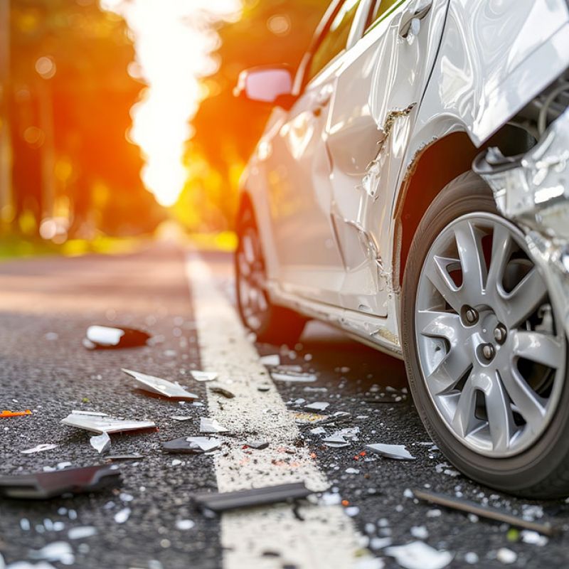 Damaged car on a road with debris, highlighting crash aftermath and accident scene in the sunlight.