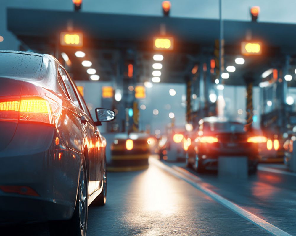 Cars queue at illuminated toll booths during evening, with brake lights casting reflections on wet road.