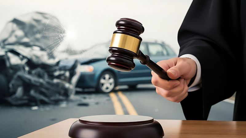Gavel in judge's hand next to car accident background, representing legal decision in auto collision case.
