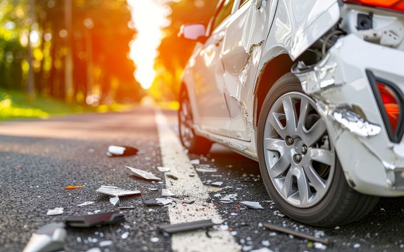 Damaged car on a road with debris, highlighting crash aftermath and accident scene in the sunlight.