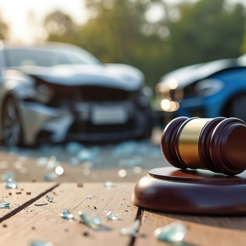 Gavel with two crashed cars and broken glass in background, symbolizing legal issues in a car accident.