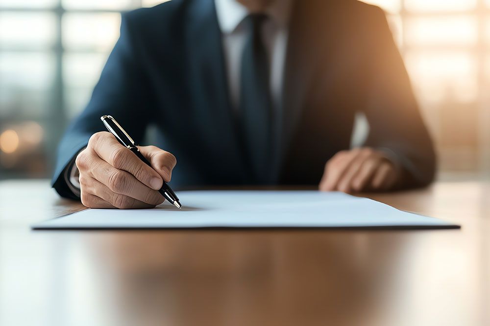 Businessperson signing a document at a desk, emphasizing professionalism and decision-making.