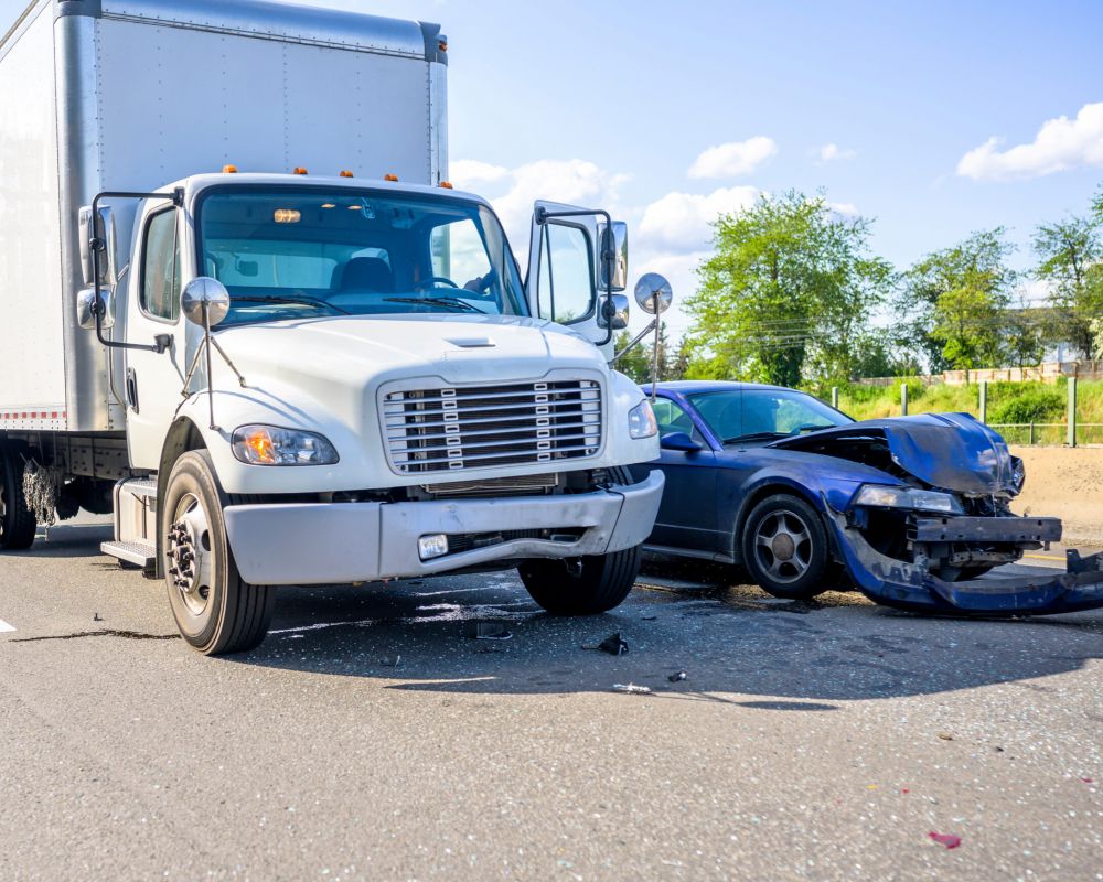 Road accident with damage to vehicles as a result of a collision between a semi truck with box trailer and a car
