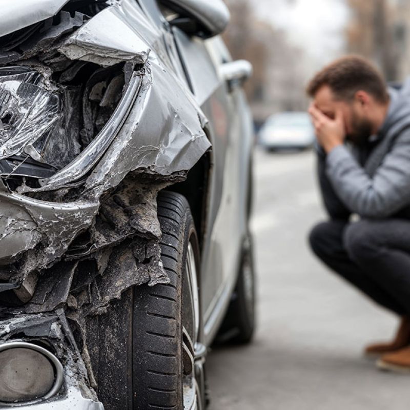 Car accident scene with damaged front, upset person crouching nearby.