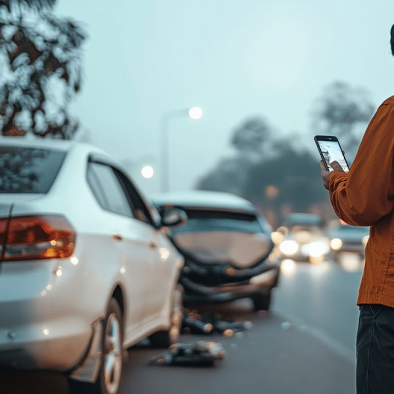 Person photographing car accident scene on road with damaged vehicles and traffic, using a smartphone, overcast day.
