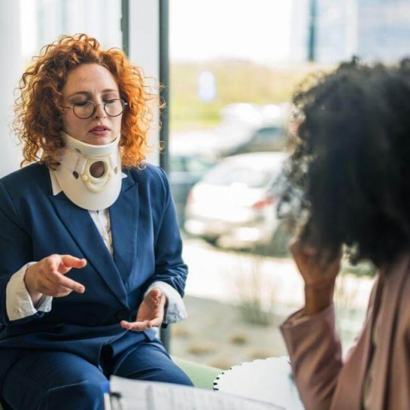 Woman with neck cast talking during a