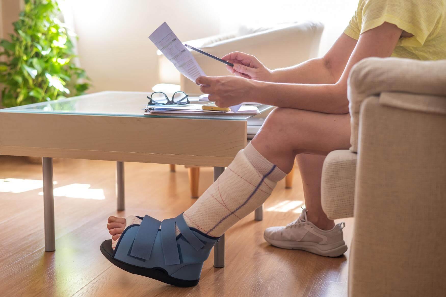 Woman on couch reading paper, possibly reviewing legal documents